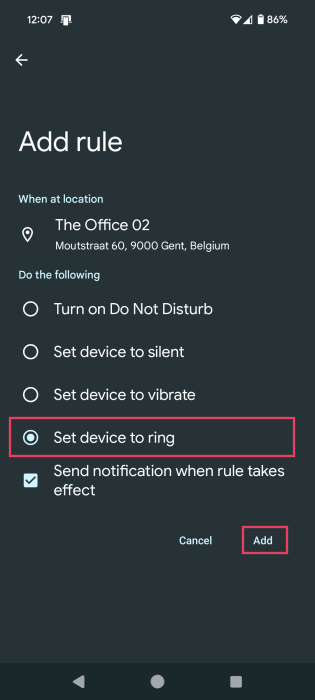 Opting for "Set device to ring" condition when creating new Rule on Android. 