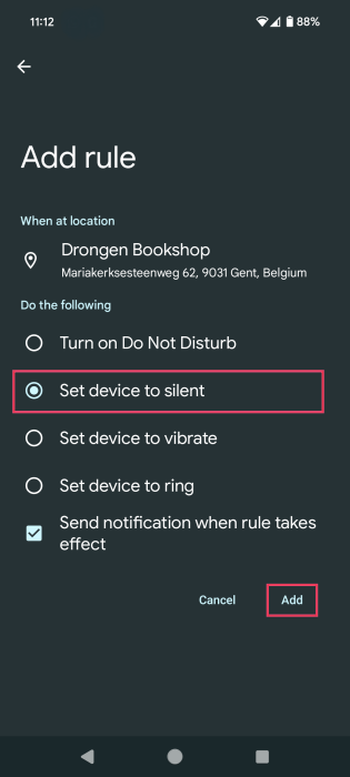 Opting for "Set device to silent" option when adding new Rule on Android. 