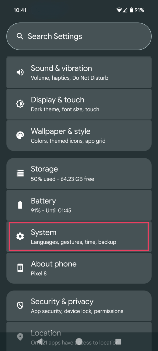 Tapping on System option in Android Settings. 