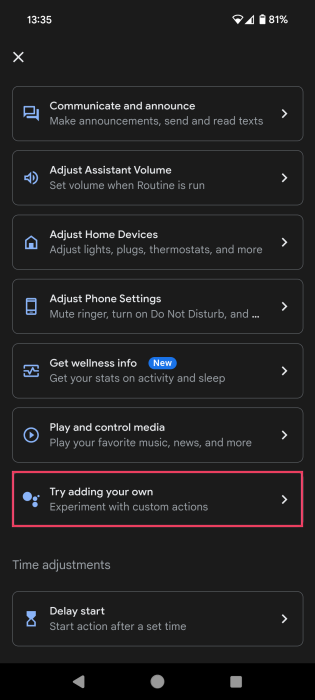 Opting for "Try adding your own" option when creating new Routine on Android. 