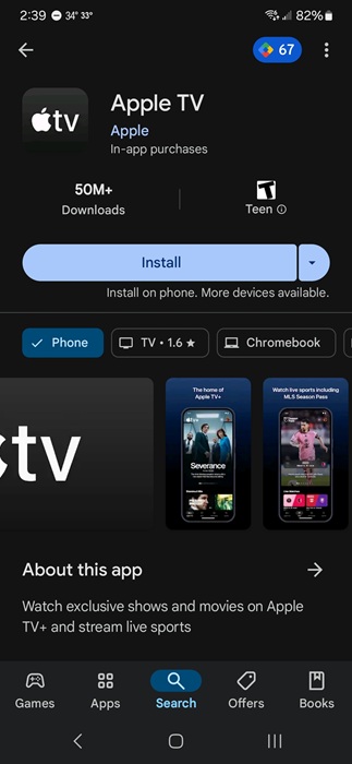 Apple TV app in the Google Play Store.