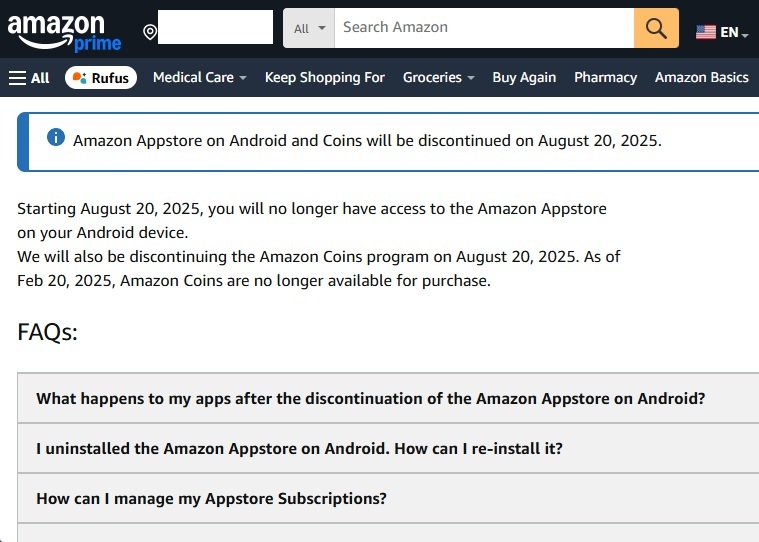 Amazon notice about Amazon Appstore.