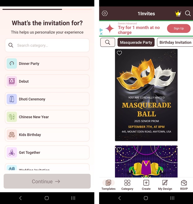 Creating a masquerade party in 1invites.