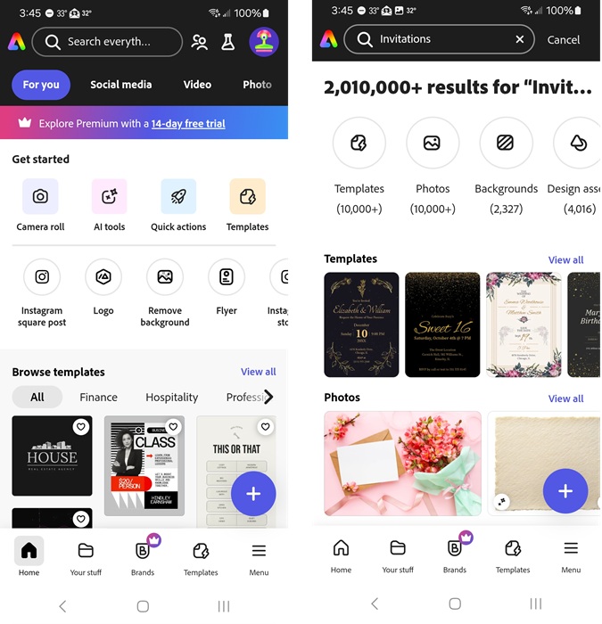 Viewing invitation templates in Adobe Express.