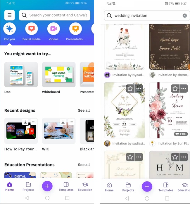 Creating a wedding invitation on Canva.