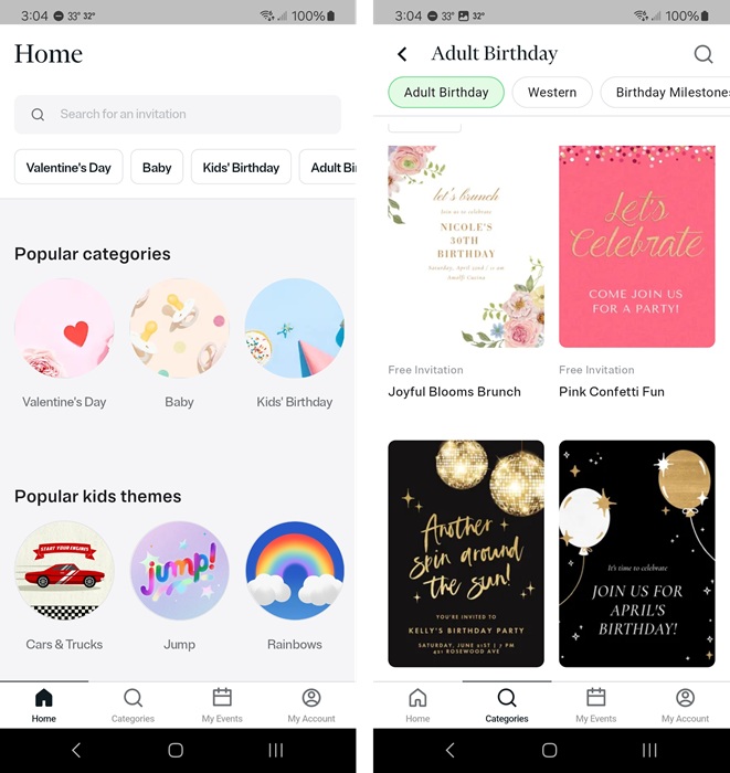 Evite app with birthday invitations.