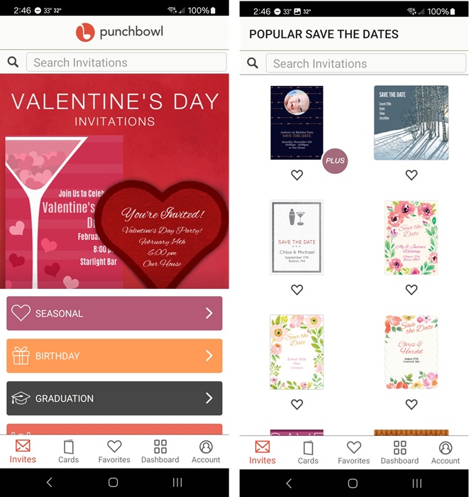 Punchbowl invitation options.