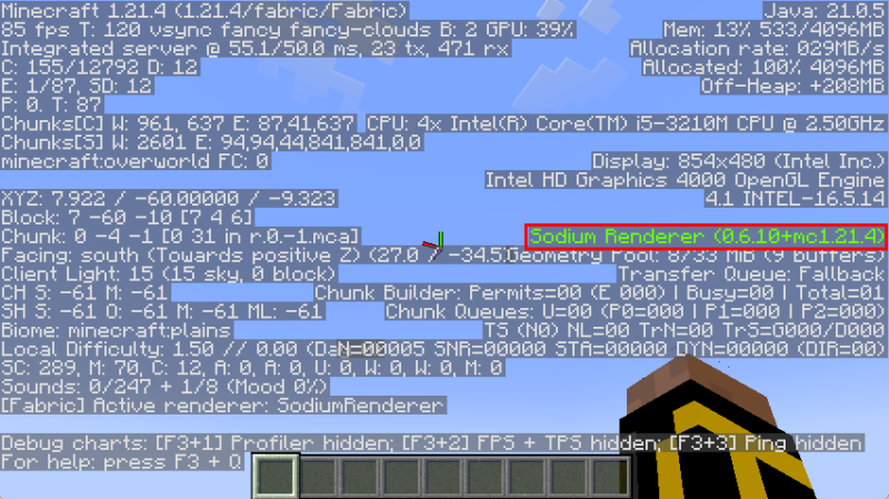 A screenshot showing the F3 screen highlighting the Sodium Renderer running on the game.