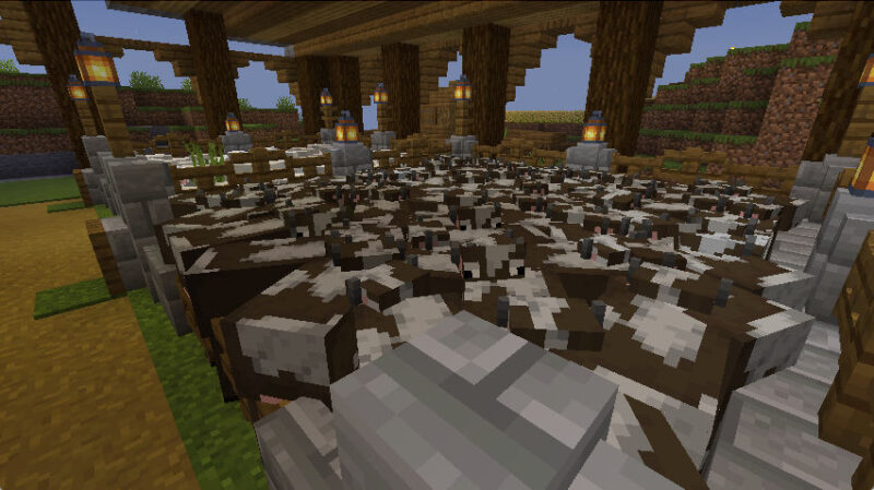 A screenshot showing an animal pen in Minecraft with a lot of crammed entities.