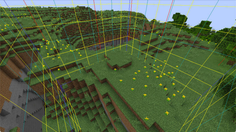 A screenshot showing the chunk borders on a Minecraft world.