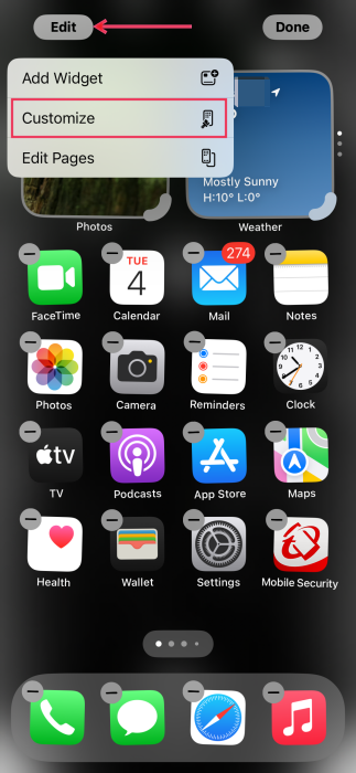 Tapping on "Customize" option on iPhone homescreen. 