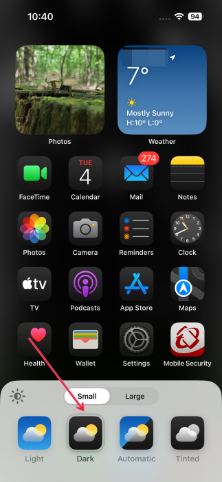 iPhone home screen with dark icons view. 