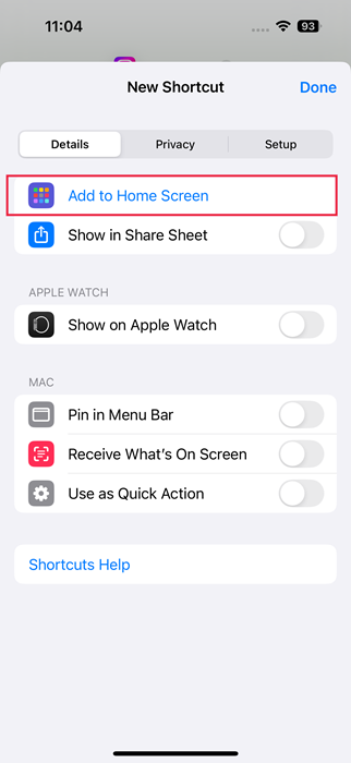 Tapping on "Add to Home Screen" option in new Shortcut creation screen on iPhone. 