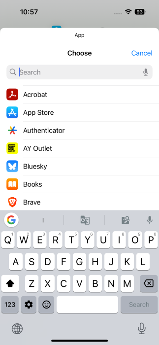 App list view in Shortcuts app on iPhone. 