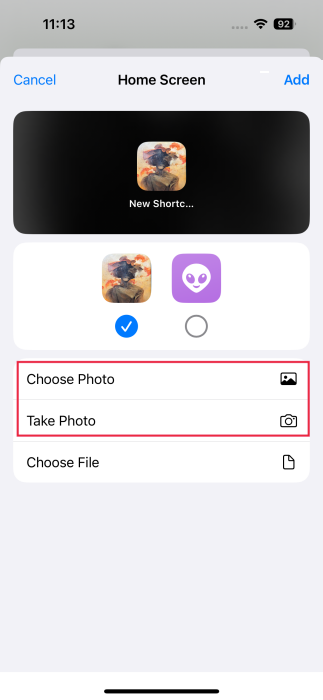 Uploading images from your own gallery to be used as app icon via Shortcuts app on iPhone. 