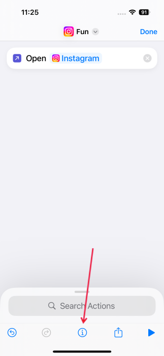Pressing on i button when creating new Shortcut on iPhone. 