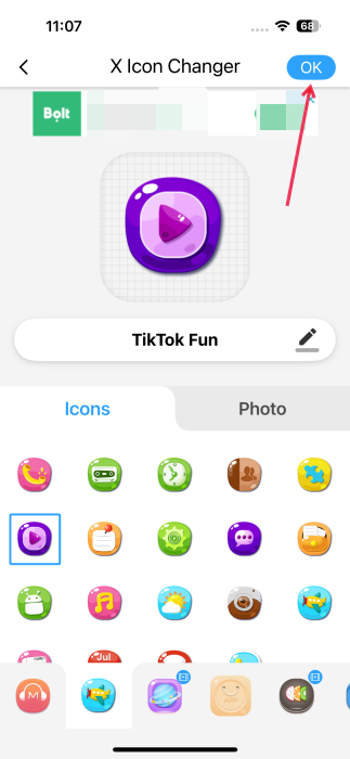Selecting new icon for app in X Icon Changer on iPhone. 