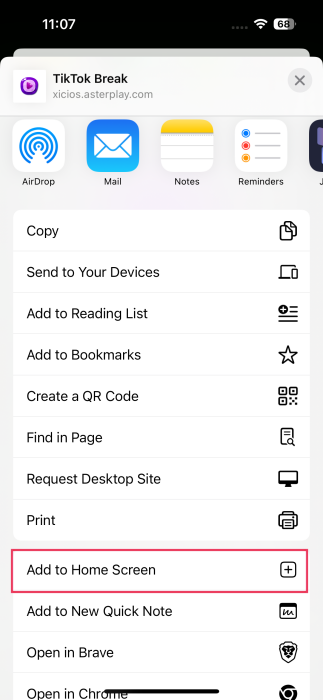 Selecting "Add to Home Screen" button for new app icon on iPhone. 
