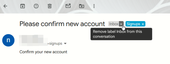 Removing Inbox label from alias email in Gmail on PC. 