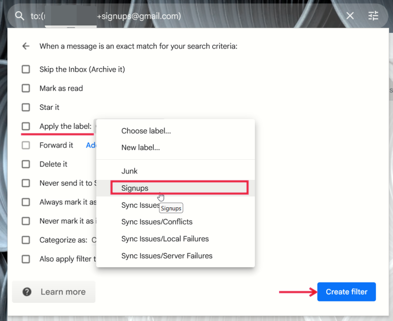 Applying label terms for alias filter in Gmail app.