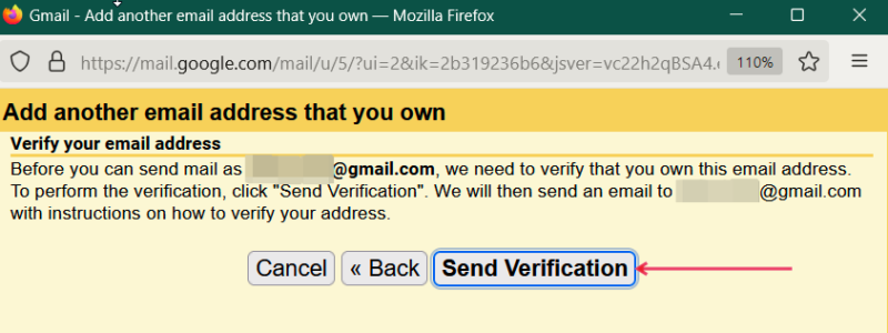 Pressing on "Send Verification" button in Gmail on PC. 