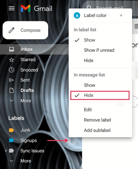 Hiding alias email from inbox in Gmail on PC. 
