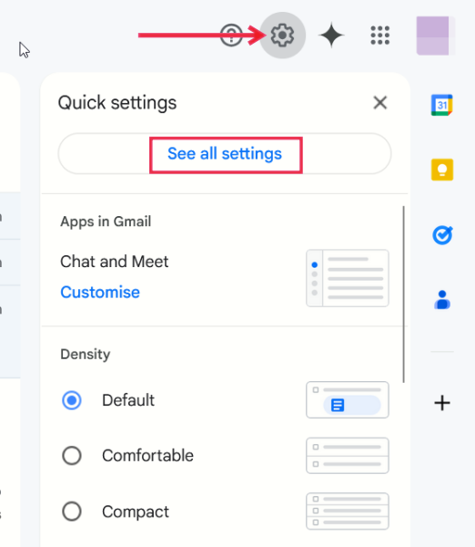 Clicking on "See all settings" button in Gmail on PC. 