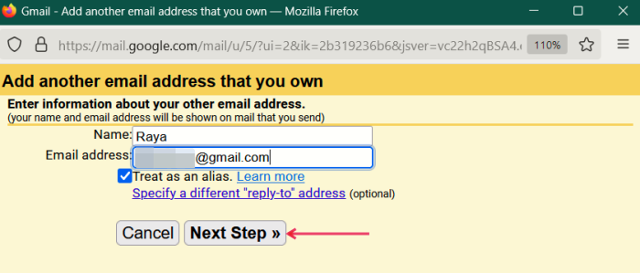 Setting up a new permanent alias in Gmail on PC. 