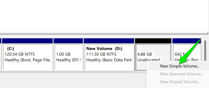 Creating a new volume in WIndows disk management