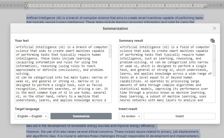 Summarizing text using ONLYOFFICE AI plugin.
