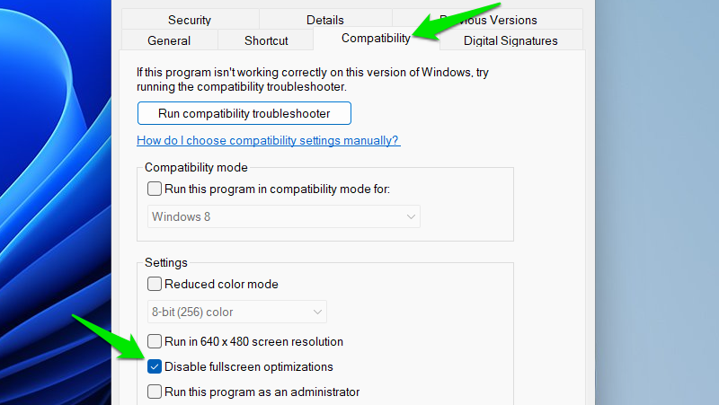 App compatibility settings in Windows
