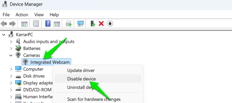 Disabling Webcam Driver in Windows Device Manager