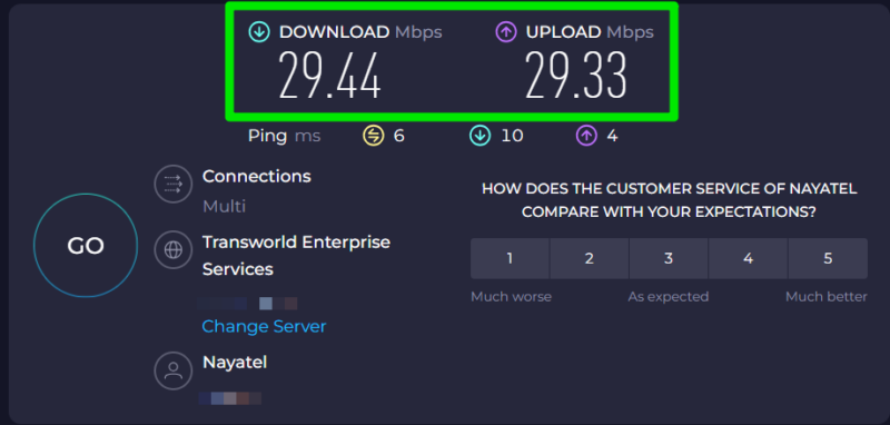 Ookla internet speed test results