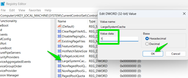 Editing Windows Registry to enable largecachesize