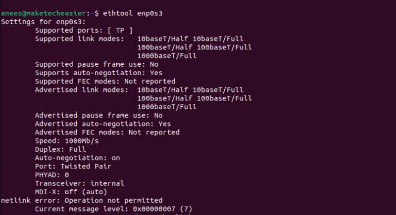 Get ethernet device information with ethtool