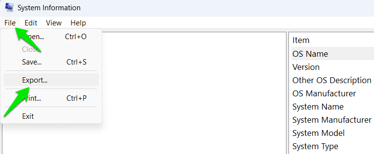 WIndows System Information tool file menu