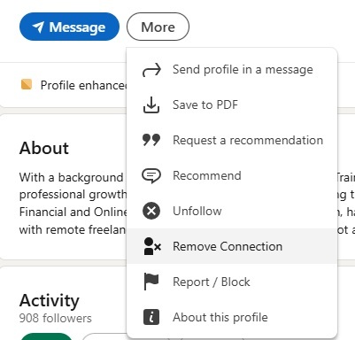 Disconnecting from a user on LinkedIn.