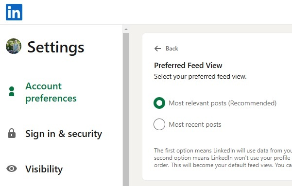 Changing the feed view on LinkedIn.