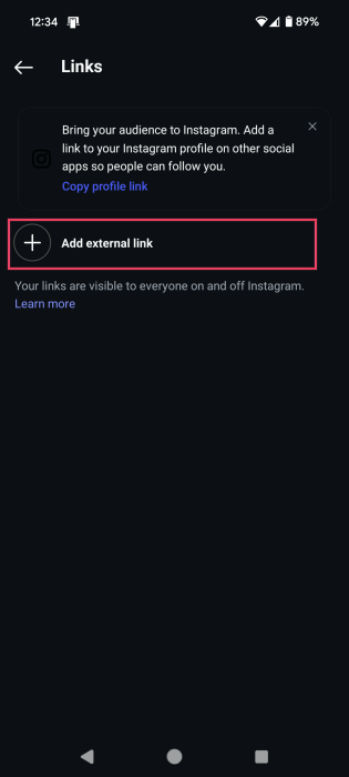 Adding external link to Instagram profile page in bio. 