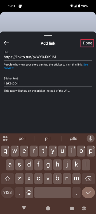 Adding link from Poll Maker to Instagram Story via sticker.