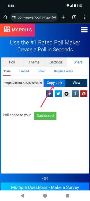 Copying link for poll created in Poll Maker on mobile device. 