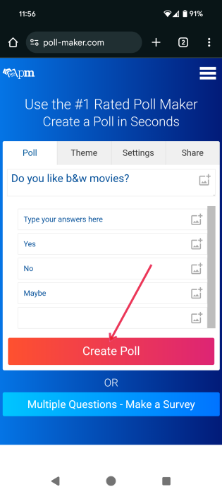 Creating poll in Poll Maker website on mobile. 