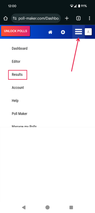 Going to Results in Poll Maker website on mobile. 