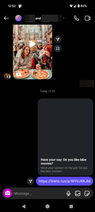 Sharing poll link into DM on Instagram. 