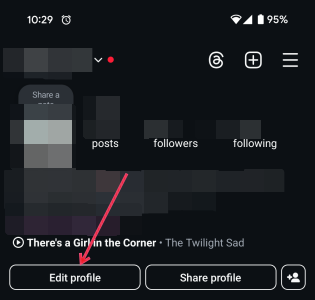 Pressing "Edit profile" button on Instagram profile. 