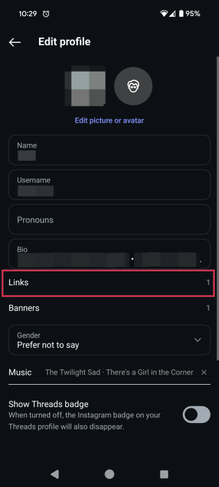 Navigating to Links in Instagram profile editing options. 
