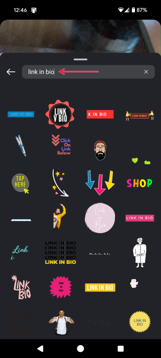 Searching for "Link in bio" in Stickers on Instagram. 