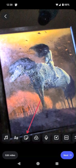 Tapping on Sticker icon in Reel creation screen on Instagram.