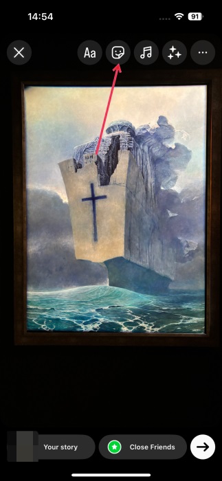 Tapping on sticker icon on Instagram story in mobile app. 