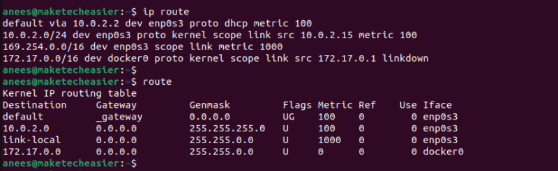 Check network routes with route and ip route commands